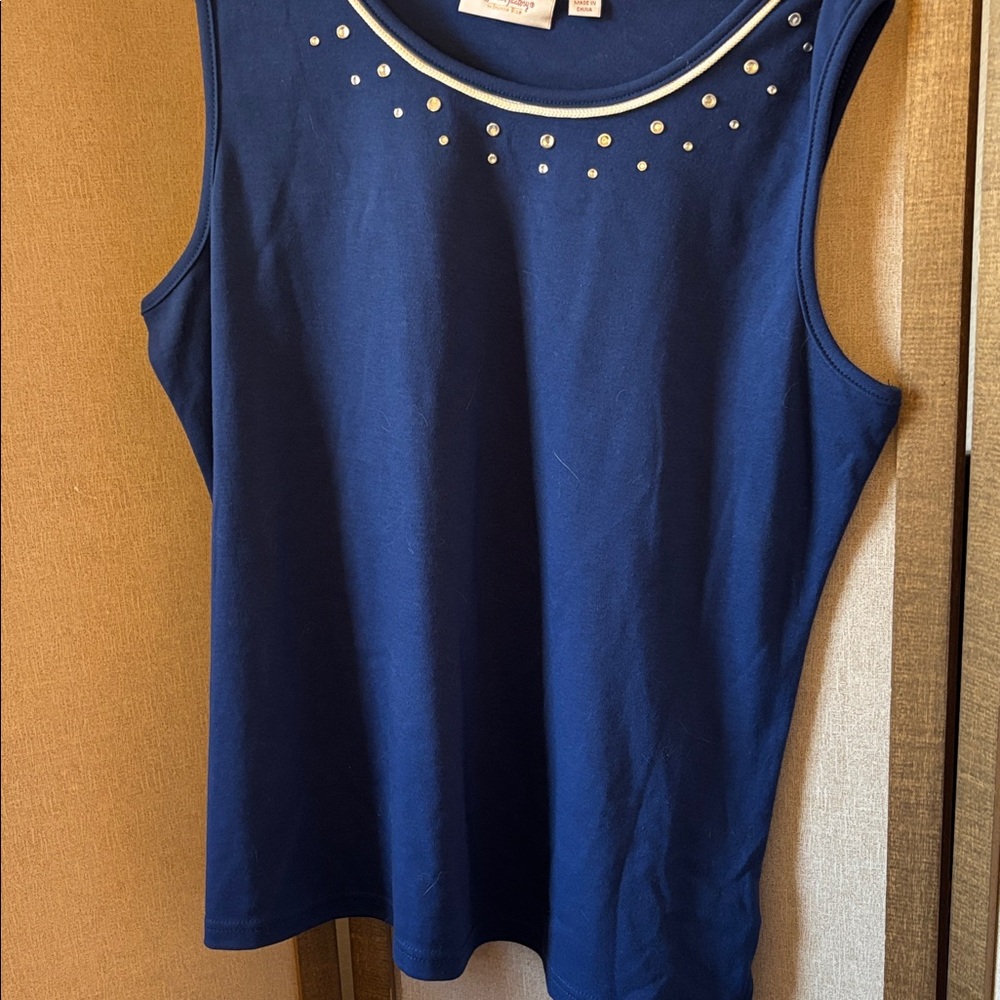 FINAL MARKDOWN Quacker Factory Navy Tank Top with Embellishments large